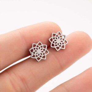 Buddha Stones Tibetan Lotus Pattern New Beginning Stud Earrings Earrings BS Silver