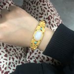 Buddha Stones Cyan Jade White Jade Flower Leaf Harmony Luck Bracelet Bangle Bracelet Bangle BS White Jade&Golden Bangle