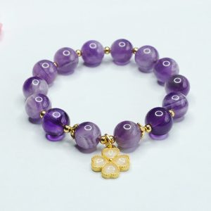 Buddha Stones Natural Amethyst Crystal Inner Peace Four Leaf Clover Charm Bracelet Bracelet BS Amethyst(Spiritual Awareness♥Inner Peace)