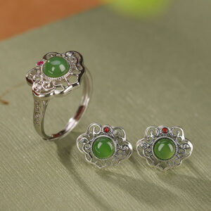 Buddha Stones 925 Sterling Silver Natural Hetian Cyan Jade Hollow Design Luck Ring Earrings Set Bracelet Necklaces & Pendants BS 2Pcs(Ring&Earrings)