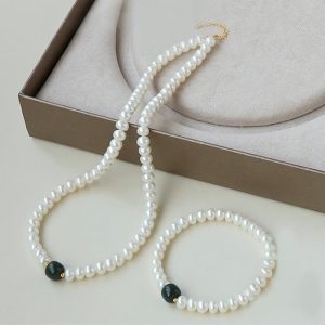 Buddha Stones 925 Sterling Silver Natural Pearl Hetian Jade Aquamarine Wisdom Sincerity Necklace Pendant Bracelet Bracelet Necklaces & Pendants BS Necklace&Bracelet Pearl Hetian Jade Alloy 40cm