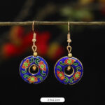 Buddha Stones Lotus Butterfly Flower Alloy Copper Enlightenment Drop Earrings Earrings BS Dark Blue Flower Circle 2.9*2.2cm