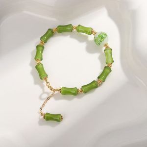 Buddha Stones Green Bamboo Pattern Liuli Crystal Moss Agate Wealth Chain Bracelet Bracelet BS Green Bamboo