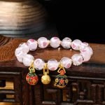 Buddha Stones Gold Swallowing Beast Family Pink Love Heart Luminous Fluorescent Liuli Glass Bead Bracelet Bracelet BS Pink Gold Swallowing Beast Family