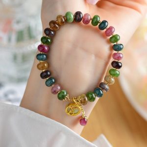 Buddha Stones Colorful Tourmaline Cute Flower Rabbit Charm Love Bracelet Bracelet BS Tourmaline(Positive♥Love)(Wrist Circumference 14-16cm)