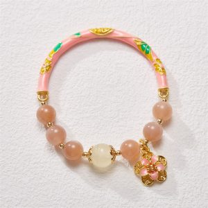 Buddha Stones Natural Sun Stone Golden Silk Jade Flower Charm Wealth Bracelet Bangle Bracelet Bangle BS Sun Stone(Wrist Circumference 14-16cm)