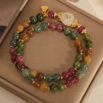 Buddha Stones Natural Multicolored Tourmaline Positive Jade Flower Double Wrap Bracelet Bracelet BS 3