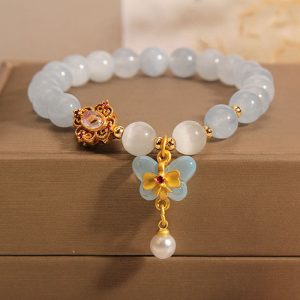Buddha Stones Aquamarine Cat's Eye Healing Butterfly Pearl Charm Bracelet Bracelet BS Aquamarine(Wrist Circumference 14-16cm)