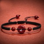 Buddha Stones Natural Cinnabar Peace Buckle Blessing String Bracelet Bracelet BS Black Rope(Wrist Circumference 14-18cm)