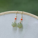 Buddha Stones 925 Sterling Silver 14K Gold Plated Hetian Jade Red Agate Luck Drop Dangle Earrings Earrings BS 9
