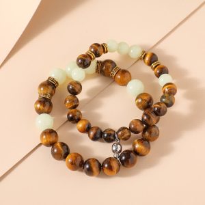Buddha Stones 2Pcs Tiger Eye Glowstone Luminous Bead Protection Couple Bracelet Bracelet BS Tiger Eye&Glowstone
