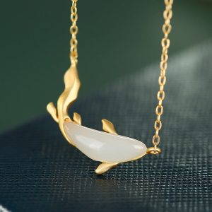 Buddha Stones 925 Sterling Silver White Jade Dolphin Luck Necklace Pendant Necklaces & Pendants BS Golden Koi Fish