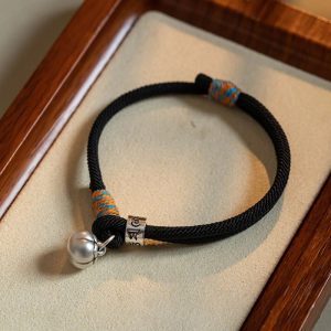 Buddha Stones 925 Sterling Silver Tibetan Handmade Om Mani Padme Hum Persimmon Charm Luck Protection Braided Bracelet Bracelet BS Black(Wrist Circumference 14-18cm)