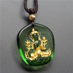 Buddha Stones Tibetan Green Tara Buddha Gold Plated Liuli Crystal Protection Necklace Pendant Necklaces & Pendants BS Green Tara Golden Version