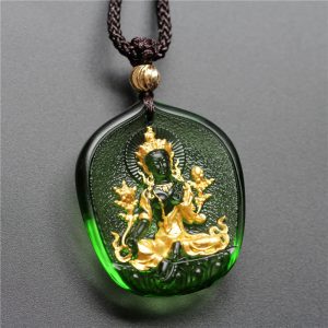Buddha Stones Tibetan Green Tara Buddha Gold Plated Liuli Crystal Protection Necklace Pendant Necklaces & Pendants BS Green Tara Golden Version