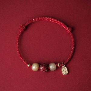 Buddha Stones 14K Gold Plated Hetian Jade Cinnabar Lotus Luck Handcrafted Rope Bracelet Bracelet BS Red Rope(Wrist Circumference 13-18cm)