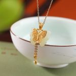 Buddha Stones 925 Sterling Silver Plated Gold Hetian White Jade Butterfly Blessing Necklace Pendant Necklaces & Pendants BS 2