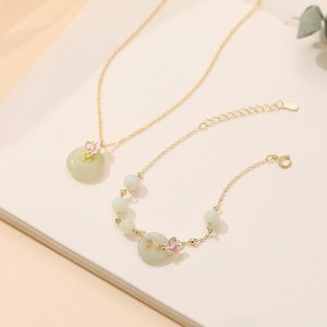 Buddha Stones 925 Sterling Silver Natural Hetian Jade Peace Buckle Orchid Luck Bracelet Necklace Pendant Set Bracelet Necklaces & Pendants BS 2Pcs(Necklace&Bracelet)
