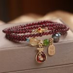 Buddha Stones Multi Layered Natural Garnet Jade Coin Money Bag Attracting Wealth Protection Bracelet Bracelet BS Multi-layered Garnet Jade Coin Bag(Wrist Circumference 14-15cm)