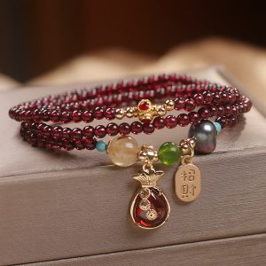 Buddha Stones Multi Layered Natural Garnet Jade Coin Money Bag Attracting Wealth Protection Bracelet Bracelet BS Multi-layered Garnet Jade Coin Bag(Wrist Circumference 14-15cm)