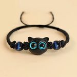 Buddha Stones Cute Ebony Wood Cat Head Pattern Peace Bracelet Bracelet BS Ebony Cat Lazurite Rope Bracelet(Wrist Circumference 14-18cm)