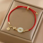 Buddha Stones 18K Gold Plated Hetian Jade Peace Buckle Fu Character Luck Red Rope Bracelet Bracelet BS 4
