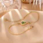 Buddha Stones 925 Sterling Silver Plated Gold Natural Hetian Cyan Jade Gourd Luck Bracelet Ring Set Bracelet Necklaces & Pendants BS 925 Sterling Silver Plated Gold Bracelet(Wrist Circumference 14-16cm)