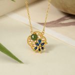 Buddha Stones 925 Sterling Silver Four Leaf Clover Flower Hetian Cyan Jade Pearl Healing Necklace Pendant Bracelet Earrings Set Bracelet Necklaces & Pendants BS Necklace