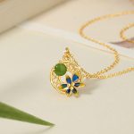 Buddha Stones 925 Sterling Silver Natural Hetian Cyan Jade Flower Luck Necklace Pendant Ring Earrings Set Bracelet Necklaces & Pendants BS Necklace (Necklace Length: 40cm)