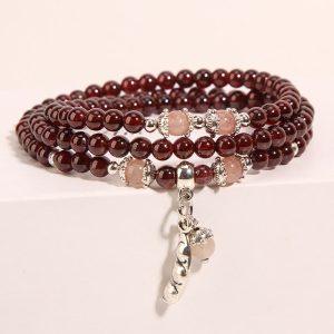 Buddha Stones Natural Garnet Strawberry Quartz Green Beans PiXiu Protection Triple Wrap Bracelet Bracelet BS Garnet&Green Beans