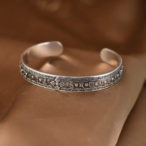 Buddha Stones 925 Sterling Silver Om Mani Padme Hum Double Dorje Engraved Wisdom Cuff Bracelet Bangle Bracelet Bangle BS Bracelet Inner Circumference 18.5cm