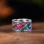 Buddha Stones Copper Blue Enamel Lotus Heart Sutra Koi Fish Luck Ring Ring BS 1
