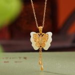 Buddha Stones 925 Sterling Silver Plated Gold Hetian White Jade Butterfly Blessing Necklace Pendant Necklaces & Pendants BS 3