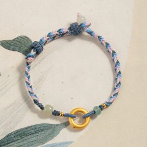 Buddha Stones 999 Sterling Silver Hetian Jade Knitted Hand Rope Luck Health Bracelet 1
