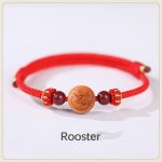 Buddha Stones Natural Peach Wood Chinese Zodiac Fu Character Carved Cinnabar Wealth Bracelet Bracelet BS Rooster-Red(Wrist Circumference 14-22cm)