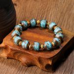 Buddha Stones Gold Swallowing Beast Family Charm Liuli Glass Bead Fortune Bracelet Bracelet BS Light Blue Simple Version 12mm