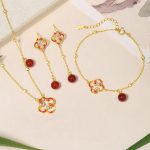 Buddha Stones 925 Sterling Silver Four Leaf Clover Koi Fish Red Agate Pearl Wealth Bracelet Necklace Pendant Earrings Set Bracelet Necklaces & Pendants BS 3Pcs(Bracelet Necklace&Earrings)