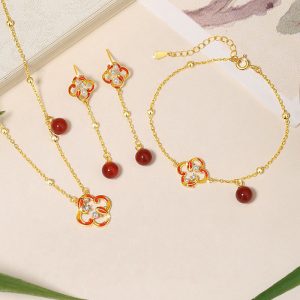 Buddha Stones 925 Sterling Silver Four Leaf Clover Koi Fish Red Agate Pearl Wealth Bracelet Necklace Pendant Earrings Set Bracelet Necklaces & Pendants BS 3Pcs(Bracelet Necklace&Earrings)
