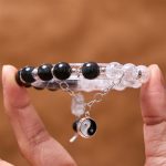 Buddha Stones Silver Sheen Obsidian Crackle Clear Quartz Black Rutilated Quartz Yin Yang Lotus Protection Bracelet Bracelet BS 10
