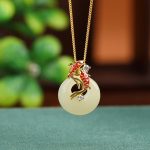 Buddha Stones 925 Sterling Silver Hetian Jade Peace Buckle Koi Fish Luck Necklace Pendant 3