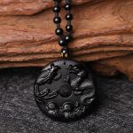 Buddha Stones Black Obsidian Dragon Phoenix Mandarin Duck Luck Protection Necklace Pendant Necklaces & Pendants BS 50mm Black Obsidian&Bead Chain