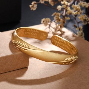 Buddha Stones Feather Heart Sutra Engraved Pattern Wealth Copper Cuff Bracelet Bangle Bracelet Bangle BS Gold Feather