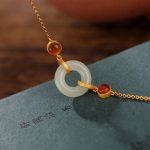 Buddha Stones 925 Sterling Silver Plated Gold Natural Hetian Jade Peace Buckle Red Agate Luck Bracelet Bracelet BS 1