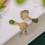 Buddha Stones White Jade Cyan Jade Fan Water Drop Pattern Luck Drop Earrings Earrings BS 4