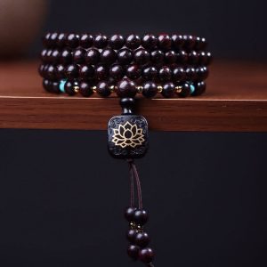 Buddha Stones 108 Mala Beads Tibetan Small Leaf Red Sandalwood Lotus Balance Bracelet Bracelet Mala BS Small Leaf Red Sandalwood