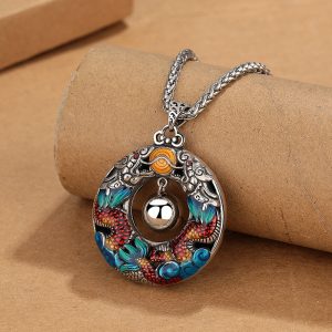 Buddha Stones Year of the Dragon Colorful Double Dragons Playing Bead Copper Protection Necklace Pendant Necklaces & Pendants BS Dragon Pendant&Dragon Bone Chain