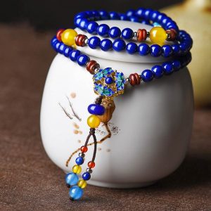 Buddha Stones Lazurite Yellow Agate Positive Bracelet Mala Bracelet BS Lazurite&Yellow Agate