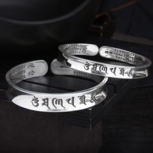 Buddha Stones 999 Sterling Silver Om Mani Padme Hum Heart Sutra Love Peace Bracelet Bangle Bracelet Bangle BS main