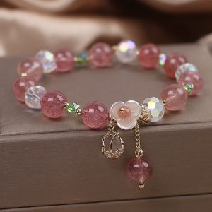 Buddha Stones Strawberry Quartz Rutilated Quartz Fluorite Flower Healing Bracelet Bracelet BS Strawberry Quartz(Wrist Circumference 14-16cm)