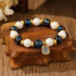 Buddha Stones Tibetan Zakiram Goddess of Wealth Charm Liuli Glass Incense Ash Porcelain Bead Protection Bracelet Bracelet BS White Porcelain Blue Liuli Glass Bead